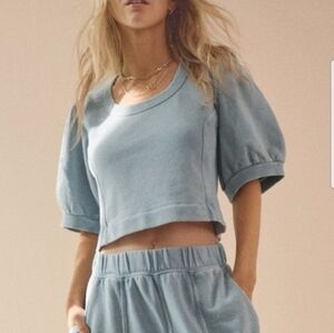 Cropped Puff-Sleeve Sweatshirt Top in Ice Blue Small Boho Preppy Aerie